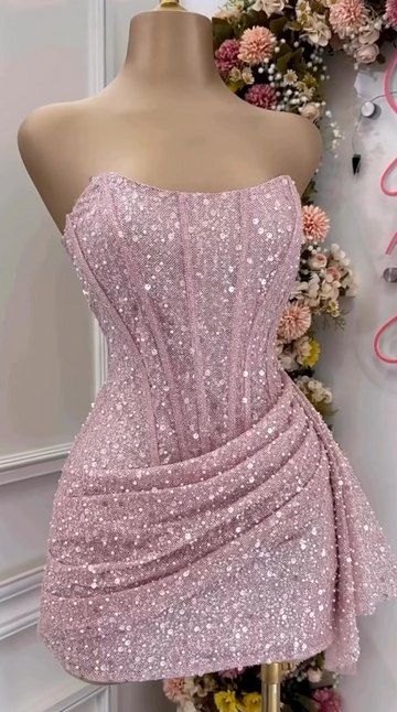 Niulatu Pink Strapless Bodycon Short Prom Dresses Glitter Sequin Homecoming Dresses HZ1026